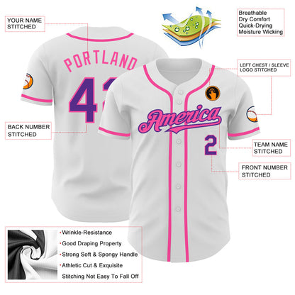 Custom White Purple-Pink Authentic Baseball Jersey view 3