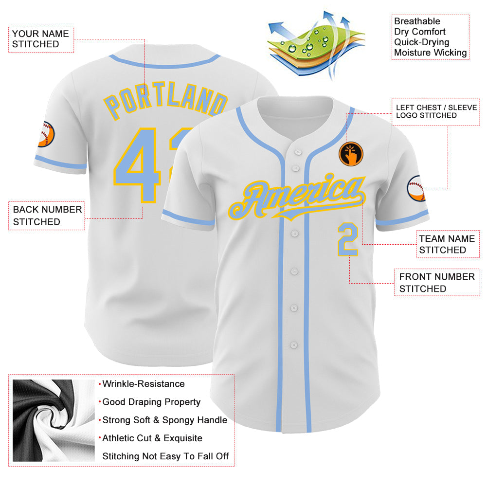 Custom White Light Blue-Yellow Authentic Baseball Jersey view 3