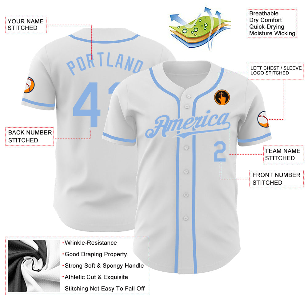 Custom White Light Blue Authentic Baseball Jersey view 3