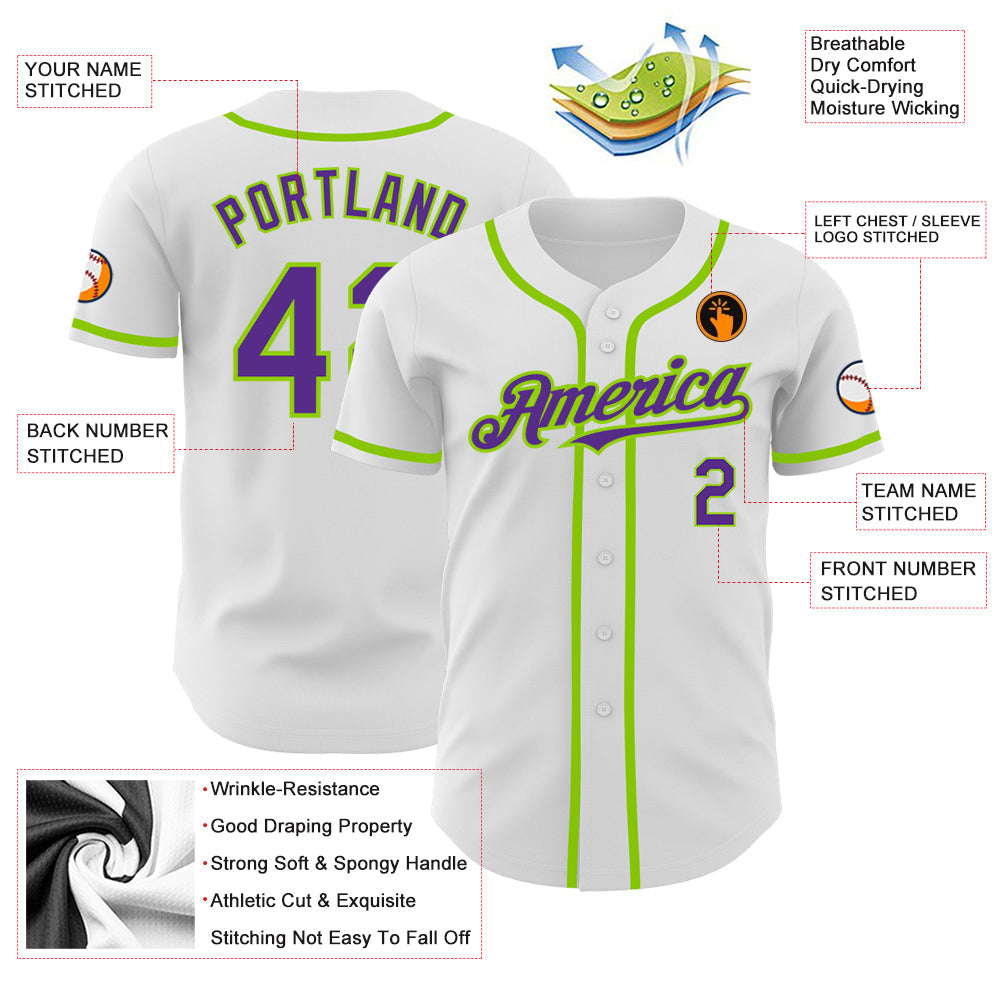 Custom White Purple-Neon Green Authentic Baseball Jersey view 3