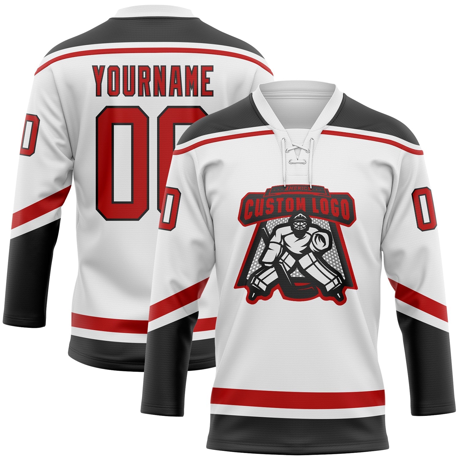 Custom White Red-Black Hockey Lace Neck Jersey view 2