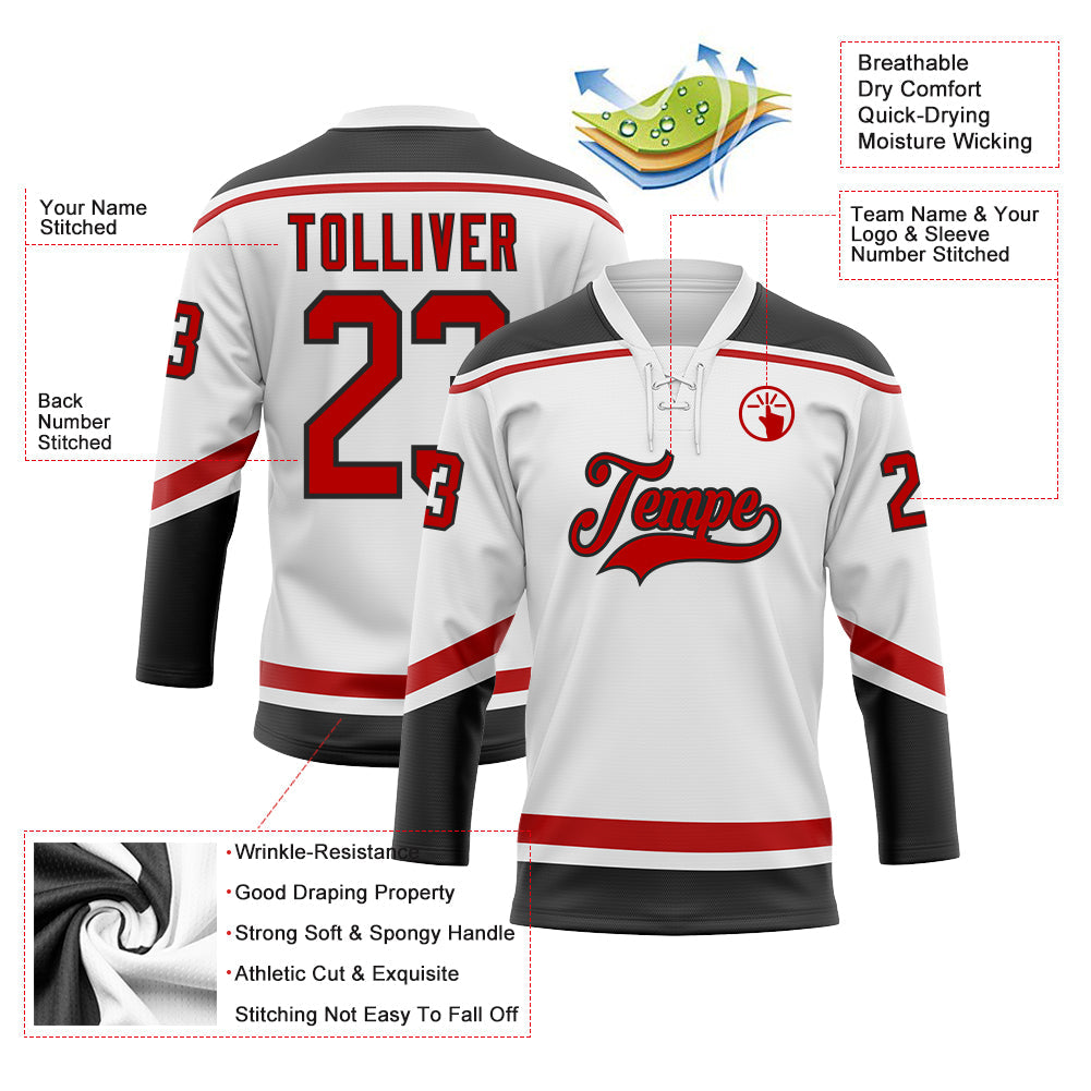 Custom White Red-Black Hockey Lace Neck Jersey view 3