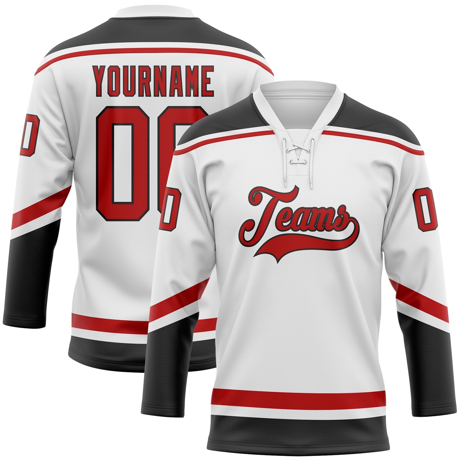 Custom White Red-Black Hockey Lace Neck Jersey - Main View