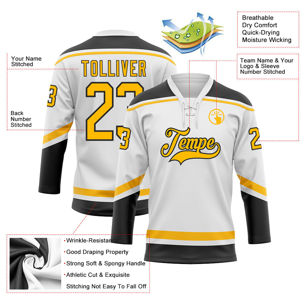 Custom White Gold-Black Hockey Lace Neck Jersey view 3