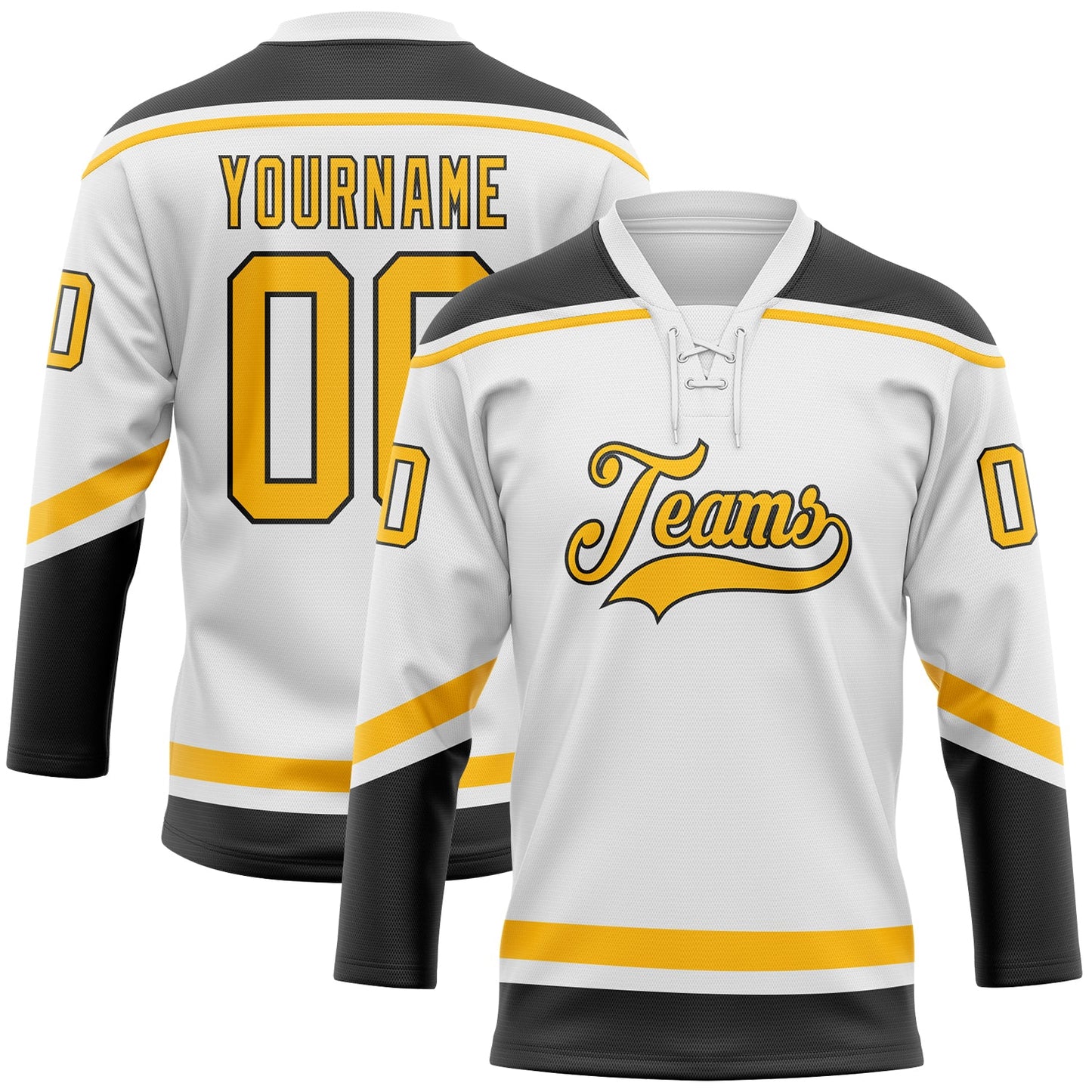 Custom White Gold-Black Hockey Lace Neck Jersey - Main View