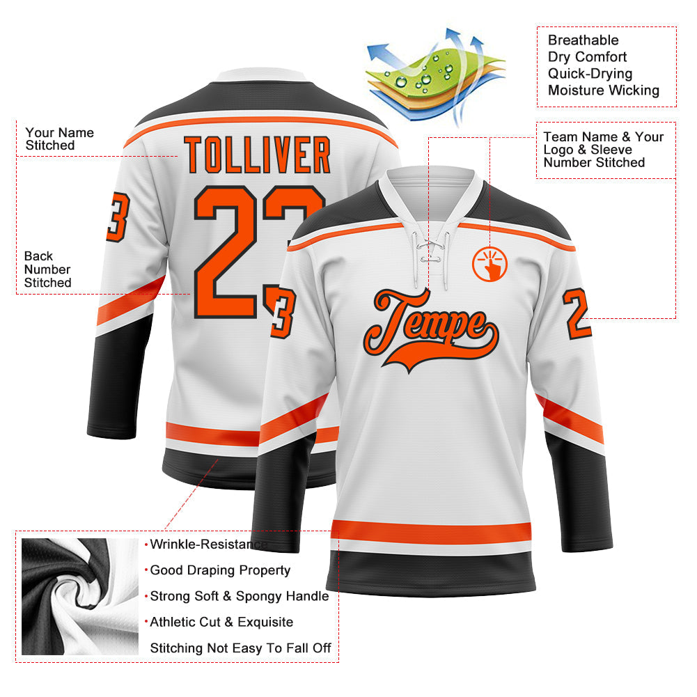 Custom White Orange-Black Hockey Lace Neck Jersey view 3
