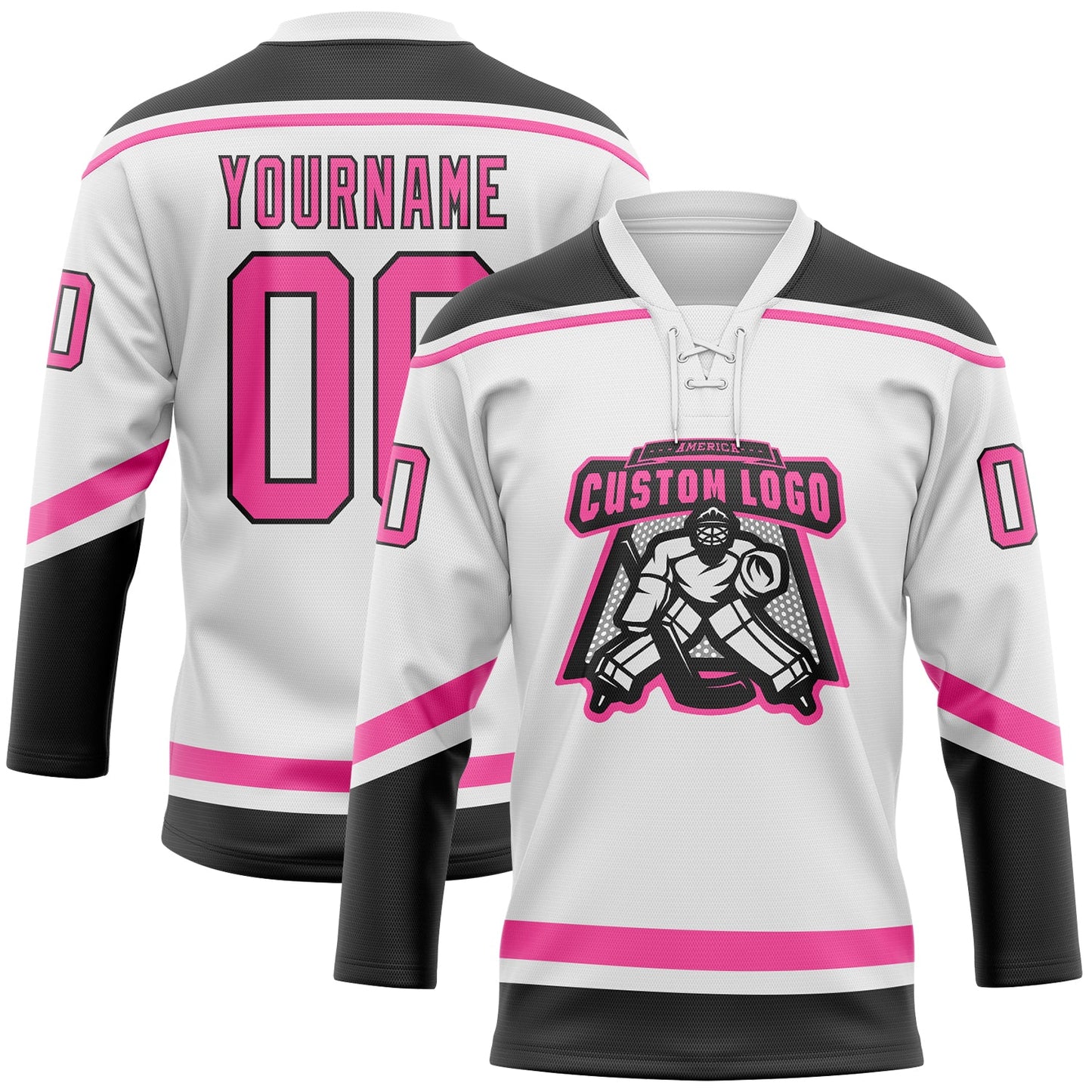 Custom White Pink-Black Hockey Lace Neck Jersey view 2