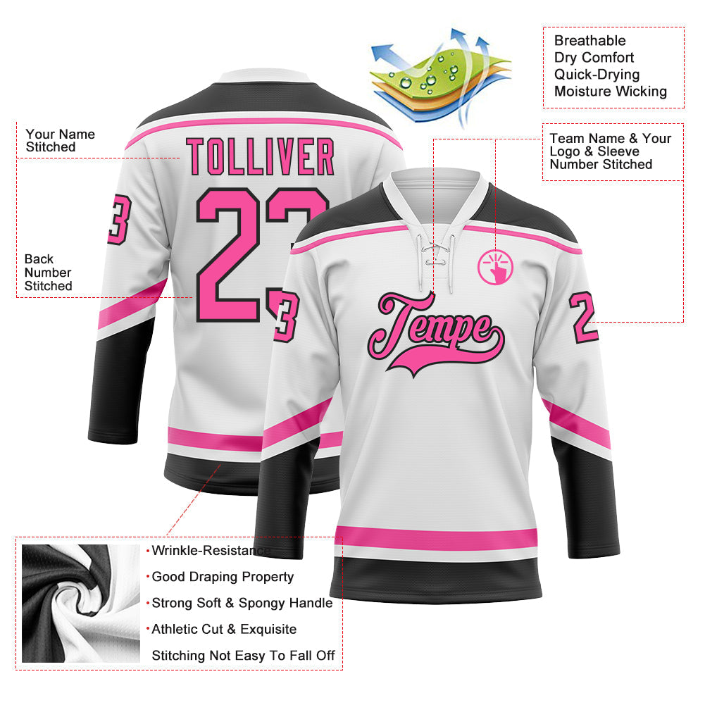 Custom White Pink-Black Hockey Lace Neck Jersey view 3