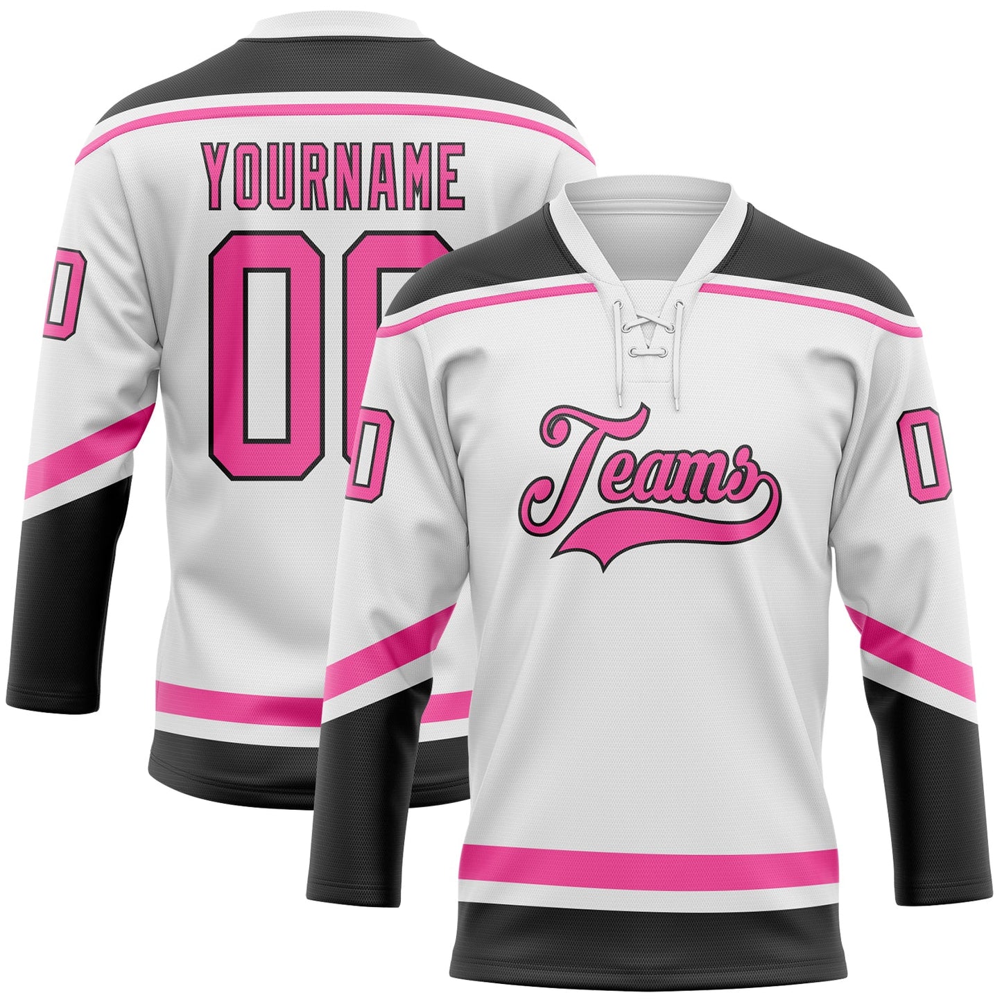 Custom White Pink-Black Hockey Lace Neck Jersey - Main View