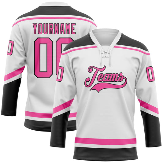 Custom White Pink-Black Hockey Lace Neck Jersey - Main View