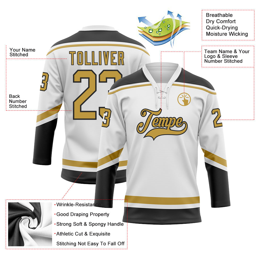 Custom White Old Gold-Black Hockey Lace Neck Jersey view 3