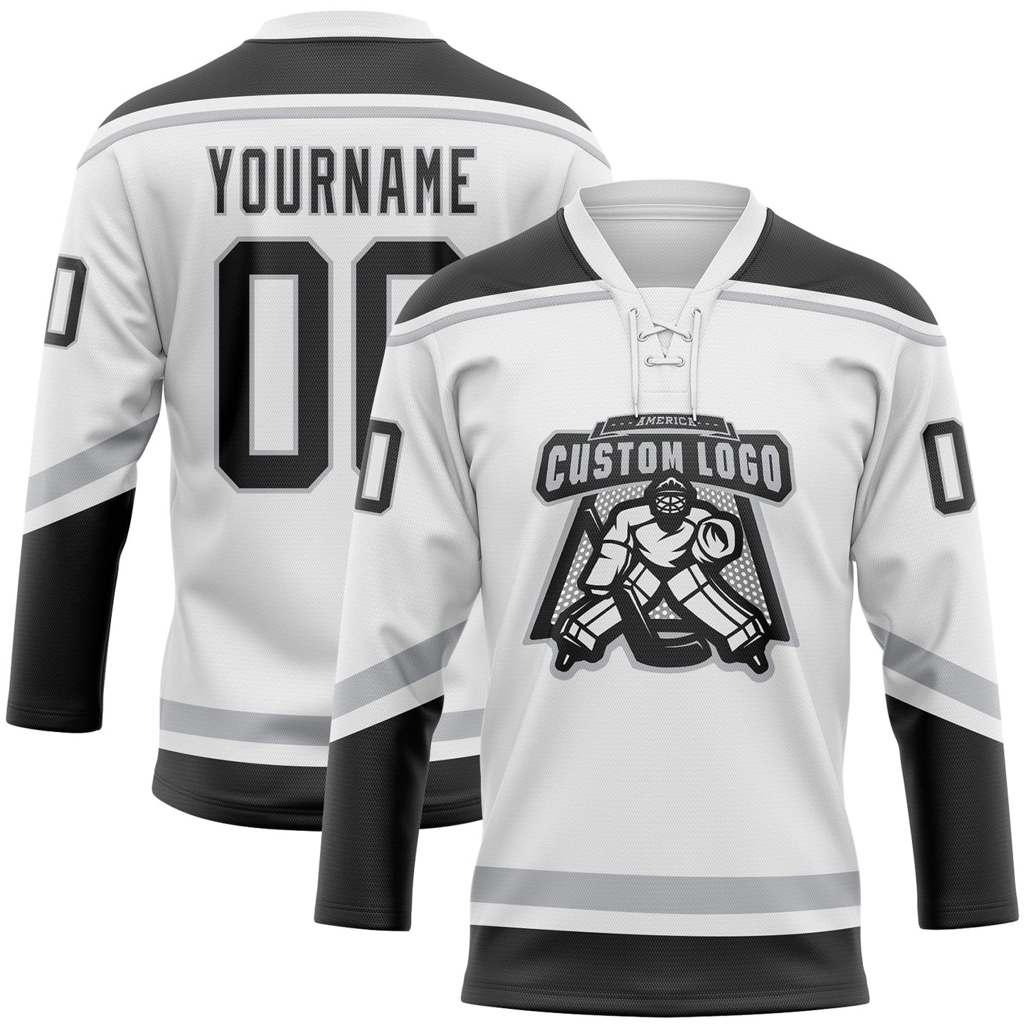 Custom White Black-Gray Hockey Lace Neck Jersey view 2