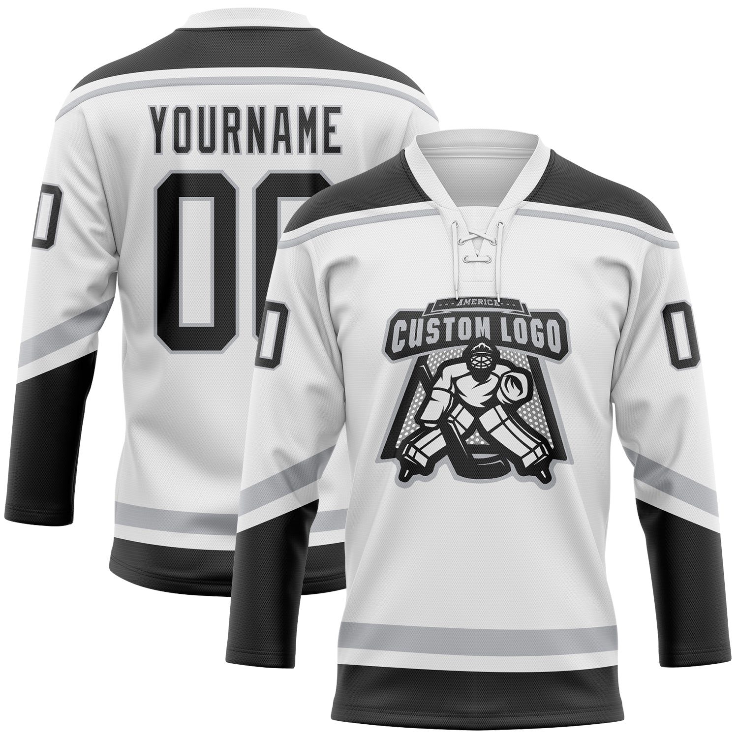 Custom White Black-Gray Hockey Lace Neck Jersey view 2