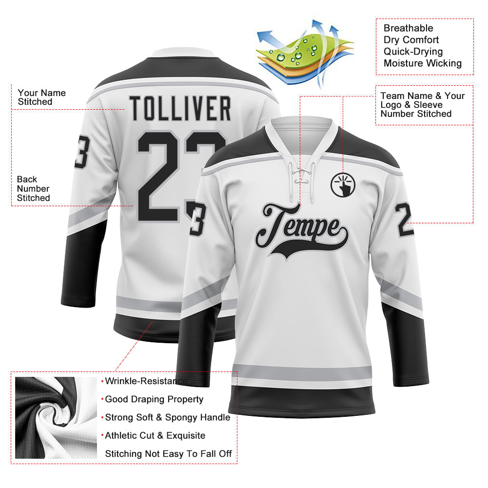 Custom White Black-Gray Hockey Lace Neck Jersey view 3