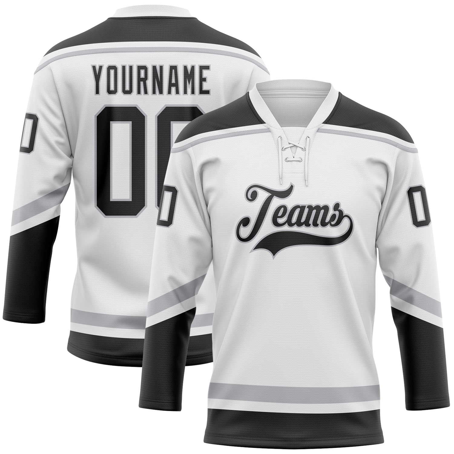 Custom White Black-Gray Hockey Lace Neck Jersey - Main View