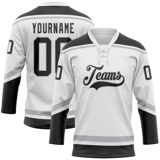 Custom White Black-Gray Hockey Lace Neck Jersey - Main View