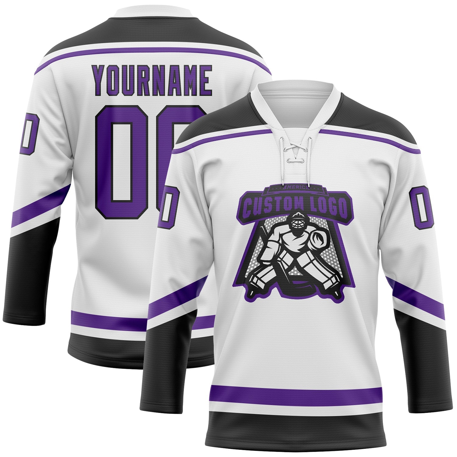 Custom White Purple-Black Hockey Lace Neck Jersey view 2