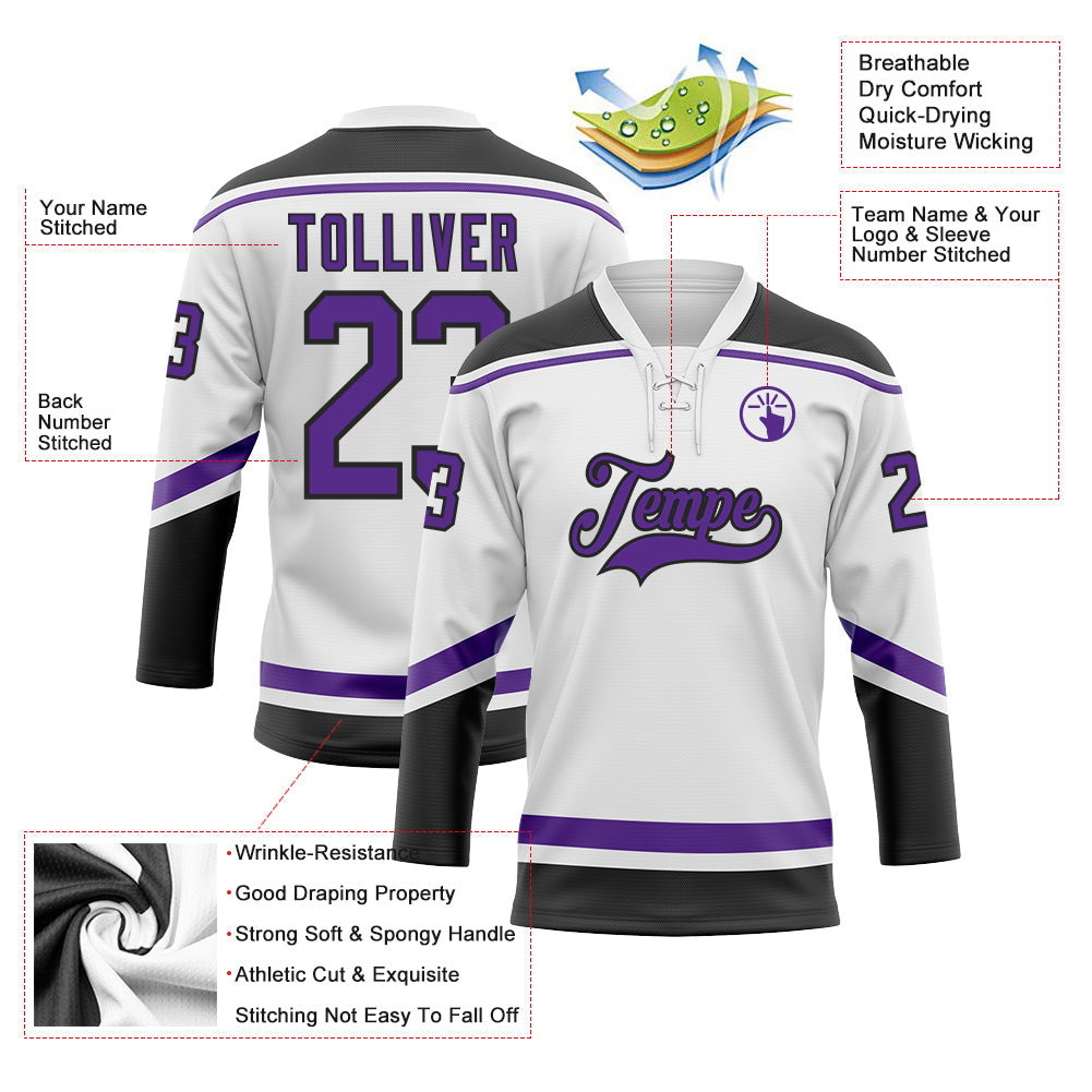 Custom White Purple-Black Hockey Lace Neck Jersey view 3