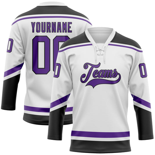 Custom White Purple-Black Hockey Lace Neck Jersey - Main View