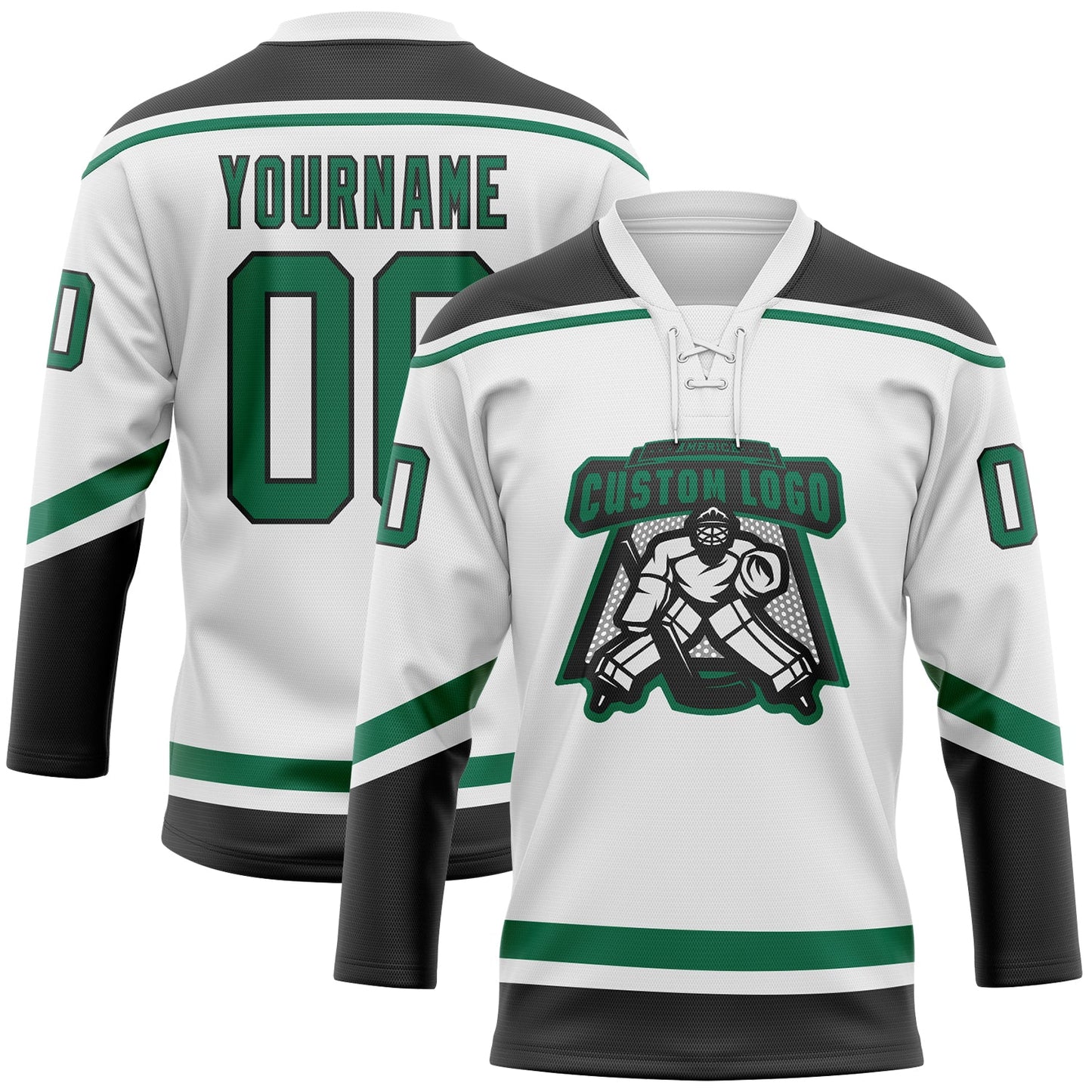 Custom White Kelly Green-Black Hockey Lace Neck Jersey view 2