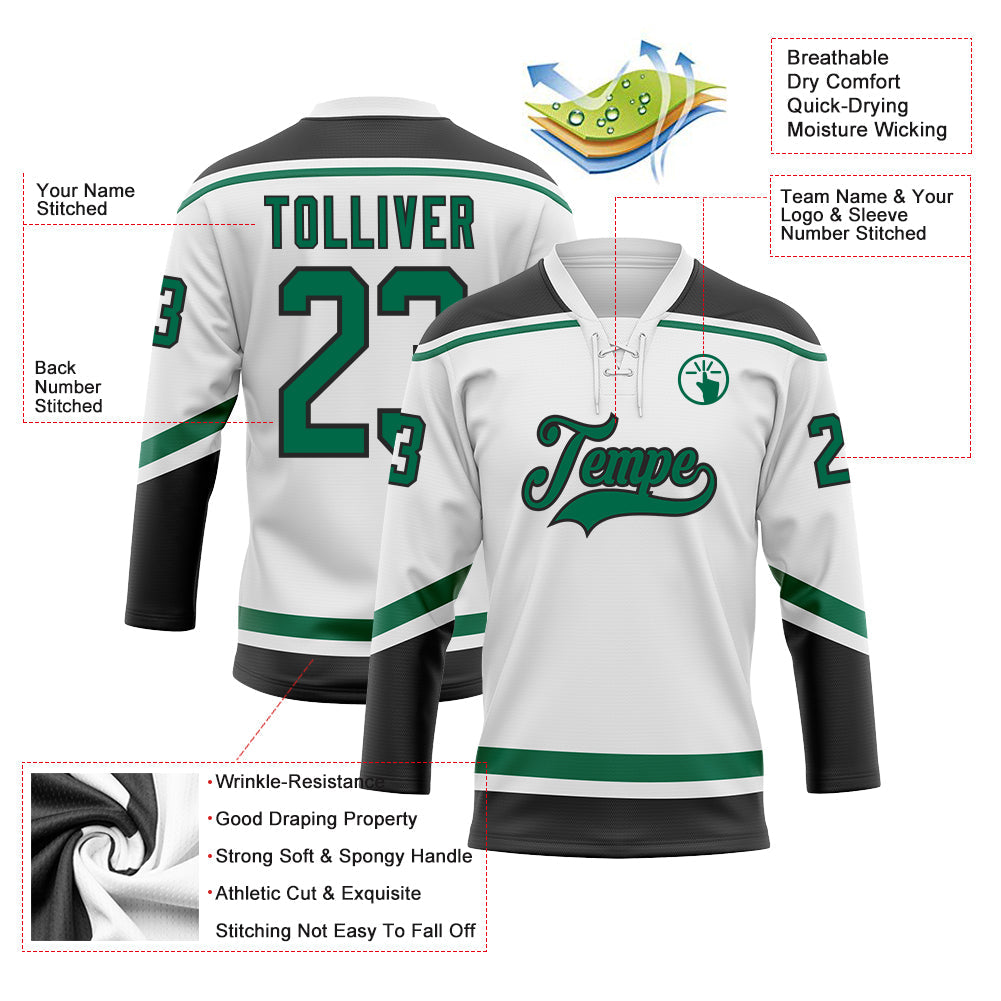 Custom White Kelly Green-Black Hockey Lace Neck Jersey view 3