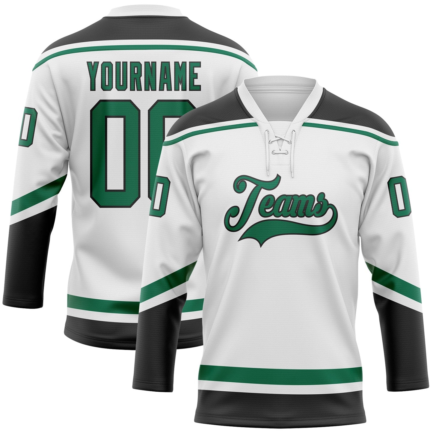 Custom White Kelly Green-Black Hockey Lace Neck Jersey - Main View
