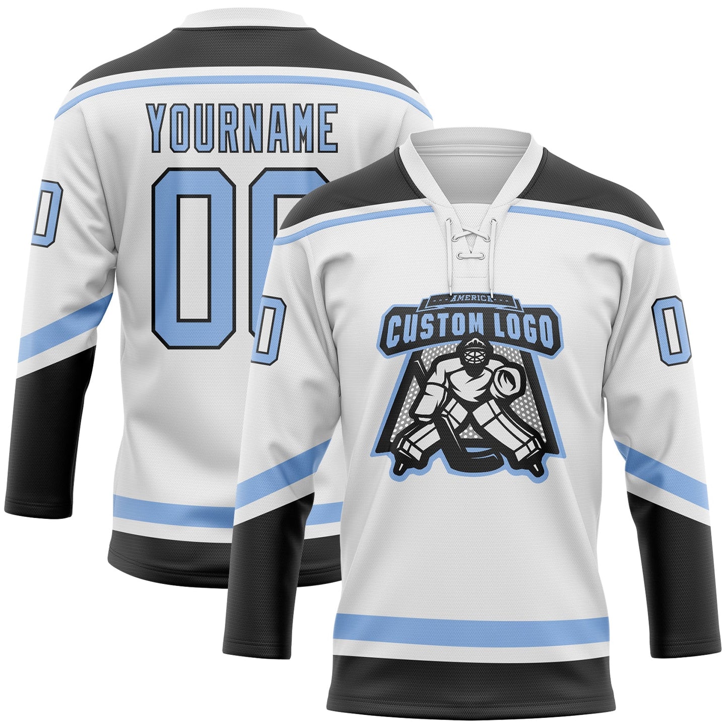 Custom White Light Blue-Black Hockey Lace Neck Jersey view 2