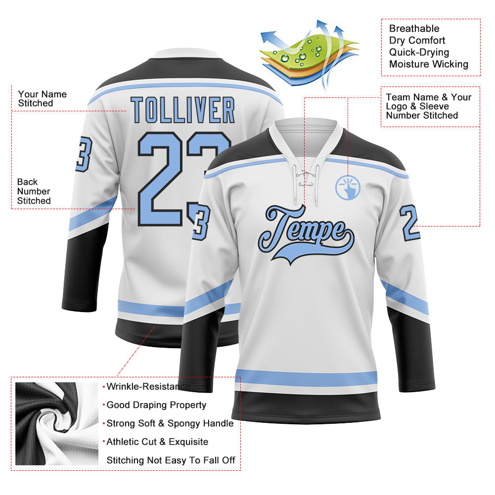 Custom White Light Blue-Black Hockey Lace Neck Jersey view 3