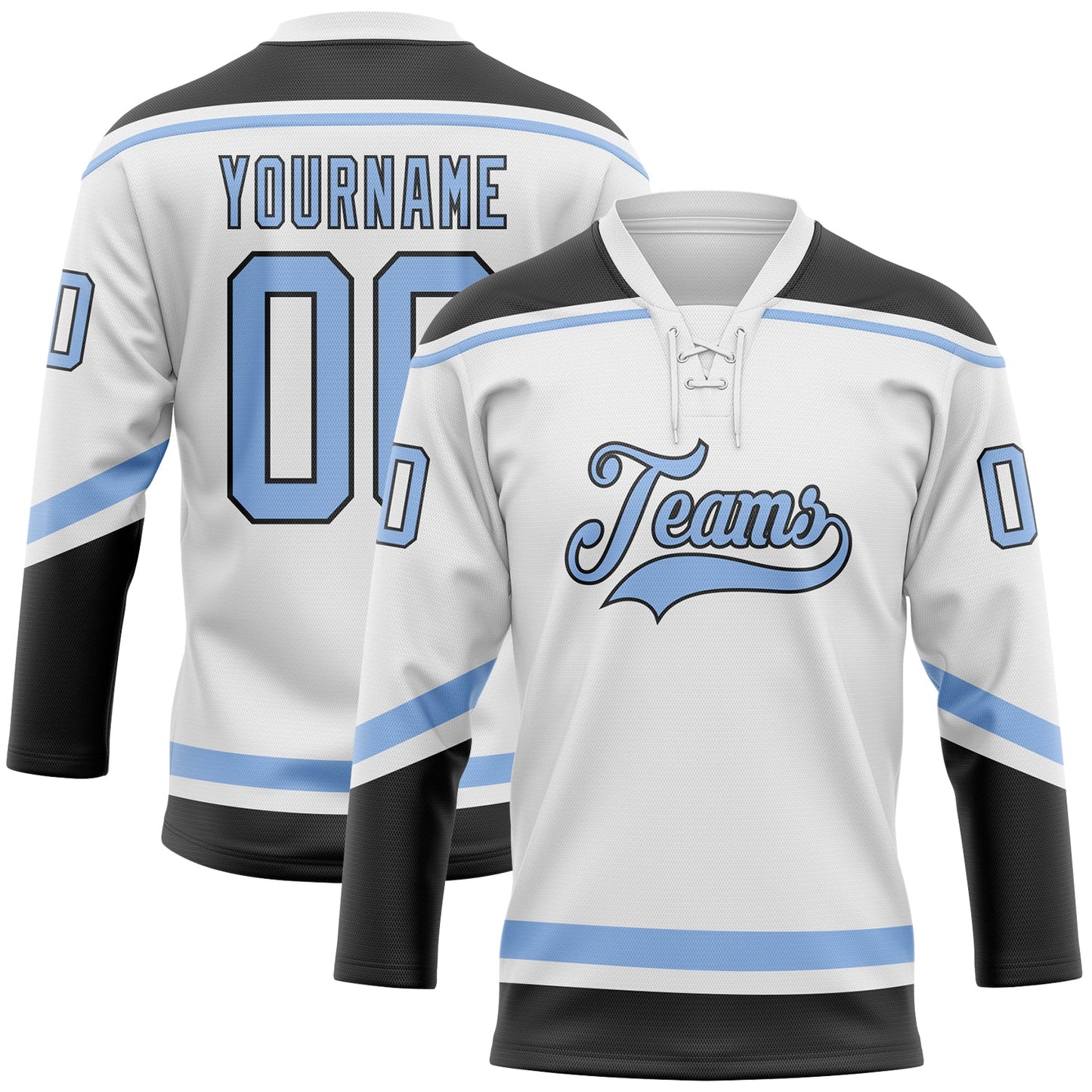 Custom White Light Blue-Black Hockey Lace Neck Jersey - Main View