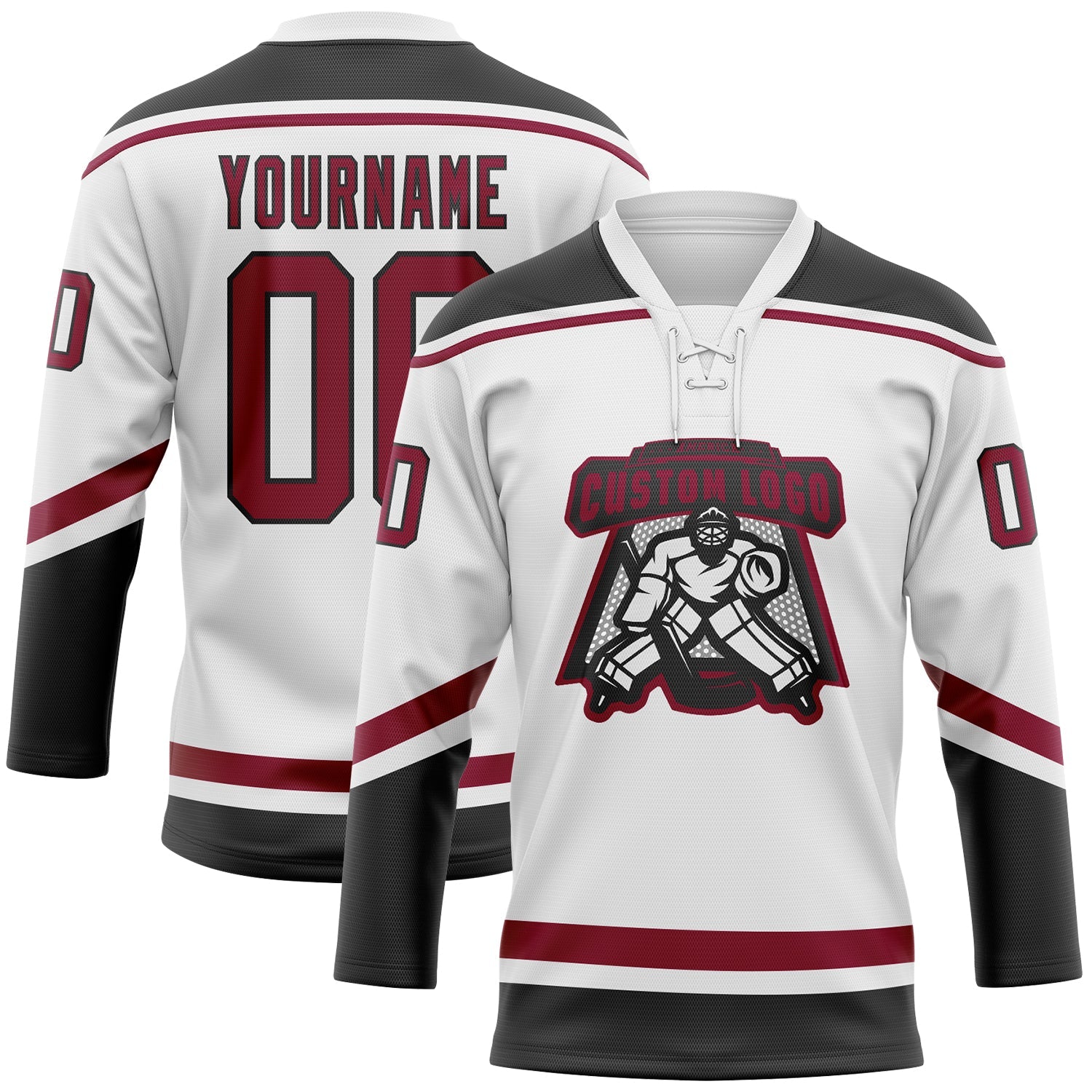 Custom White Maroon-Black Hockey Lace Neck Jersey view 2