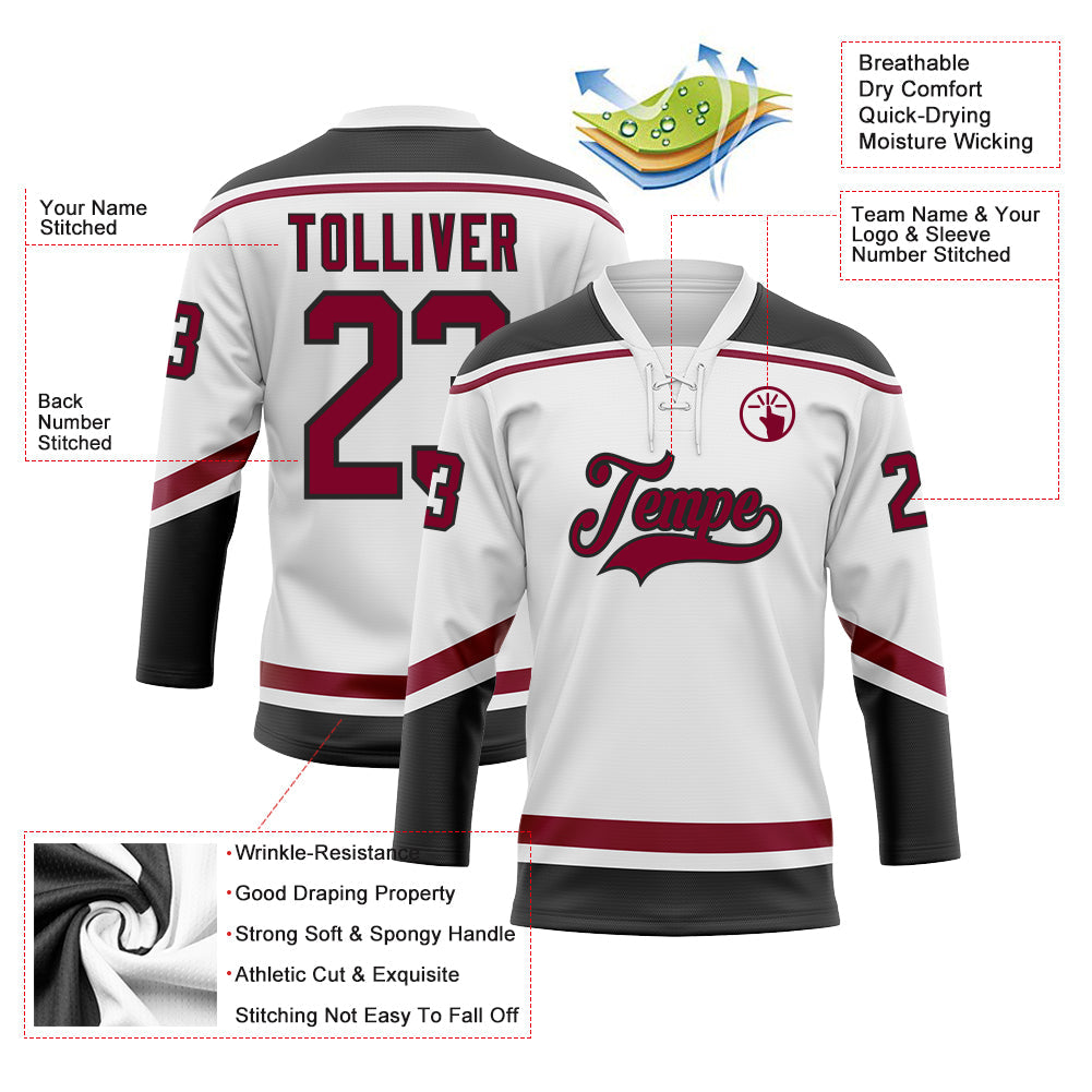 Custom White Maroon-Black Hockey Lace Neck Jersey view 3