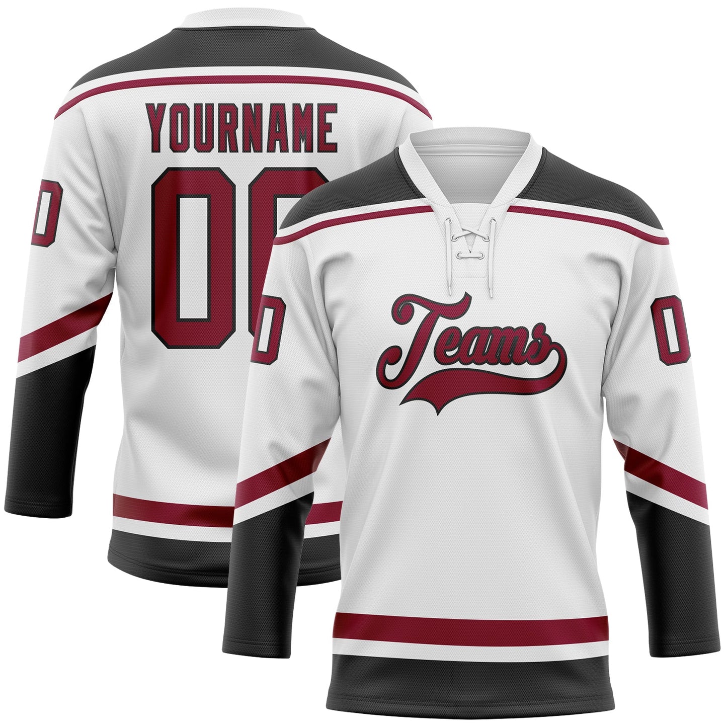 Custom White Maroon-Black Hockey Lace Neck Jersey - Main View
