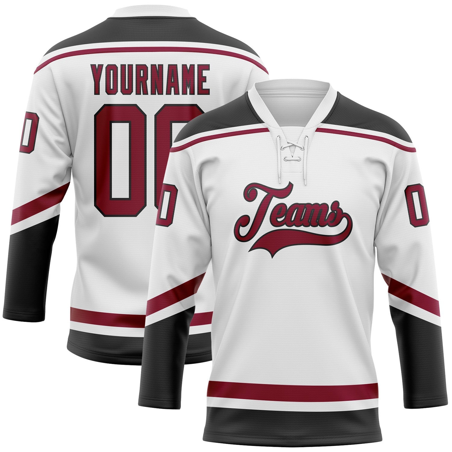 Custom White Maroon-Black Hockey Lace Neck Jersey - Main View