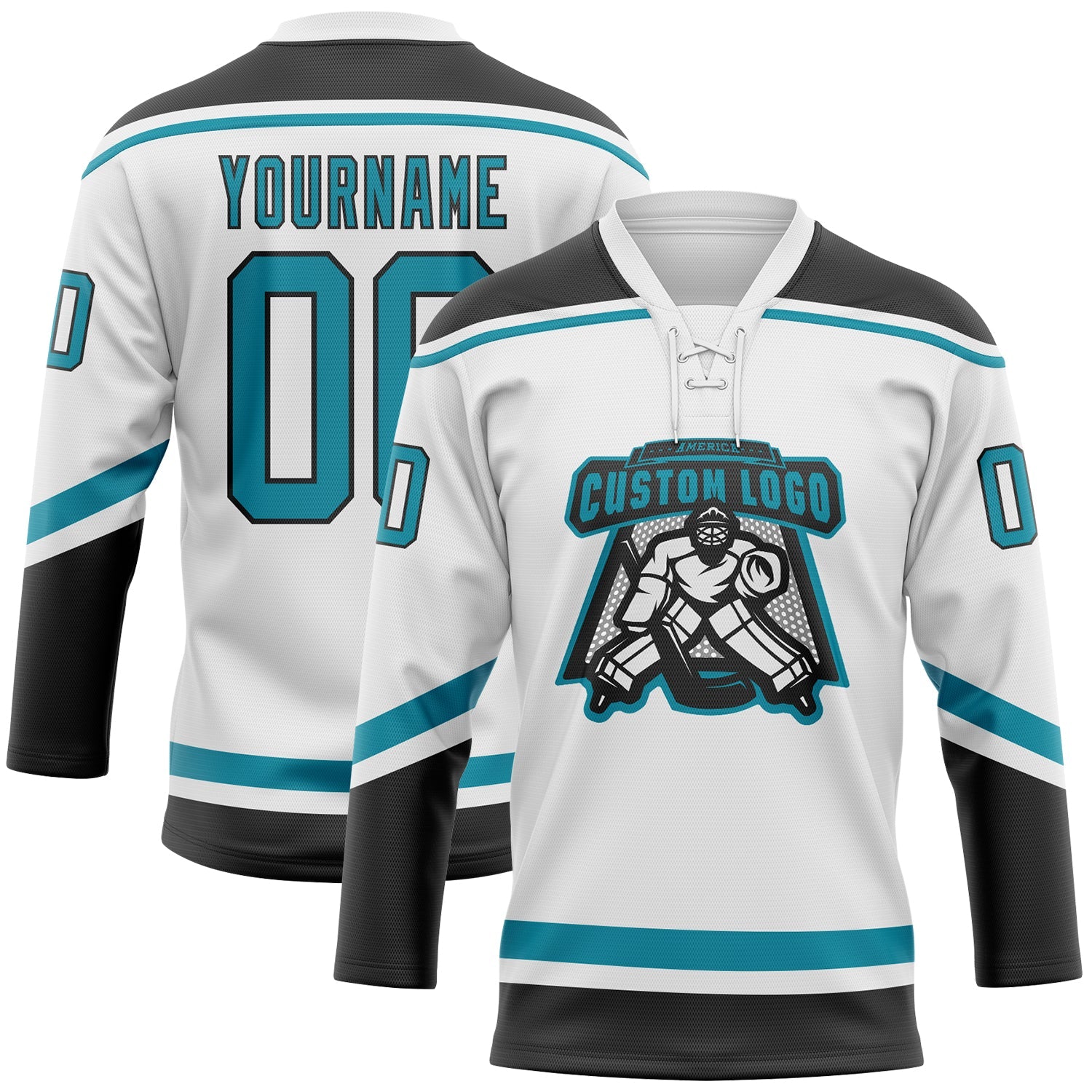 Custom White Teal-Black Hockey Lace Neck Jersey view 2