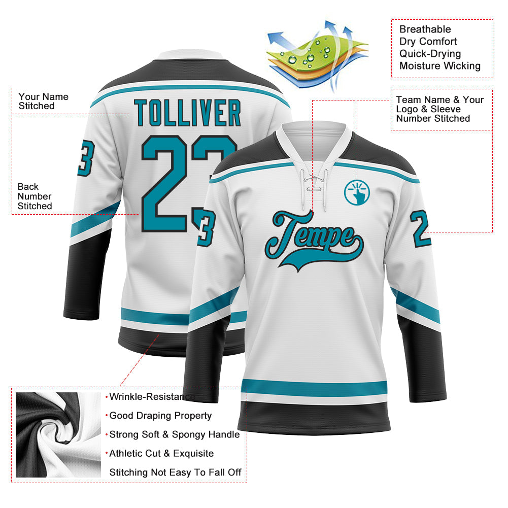 Custom White Teal-Black Hockey Lace Neck Jersey view 3