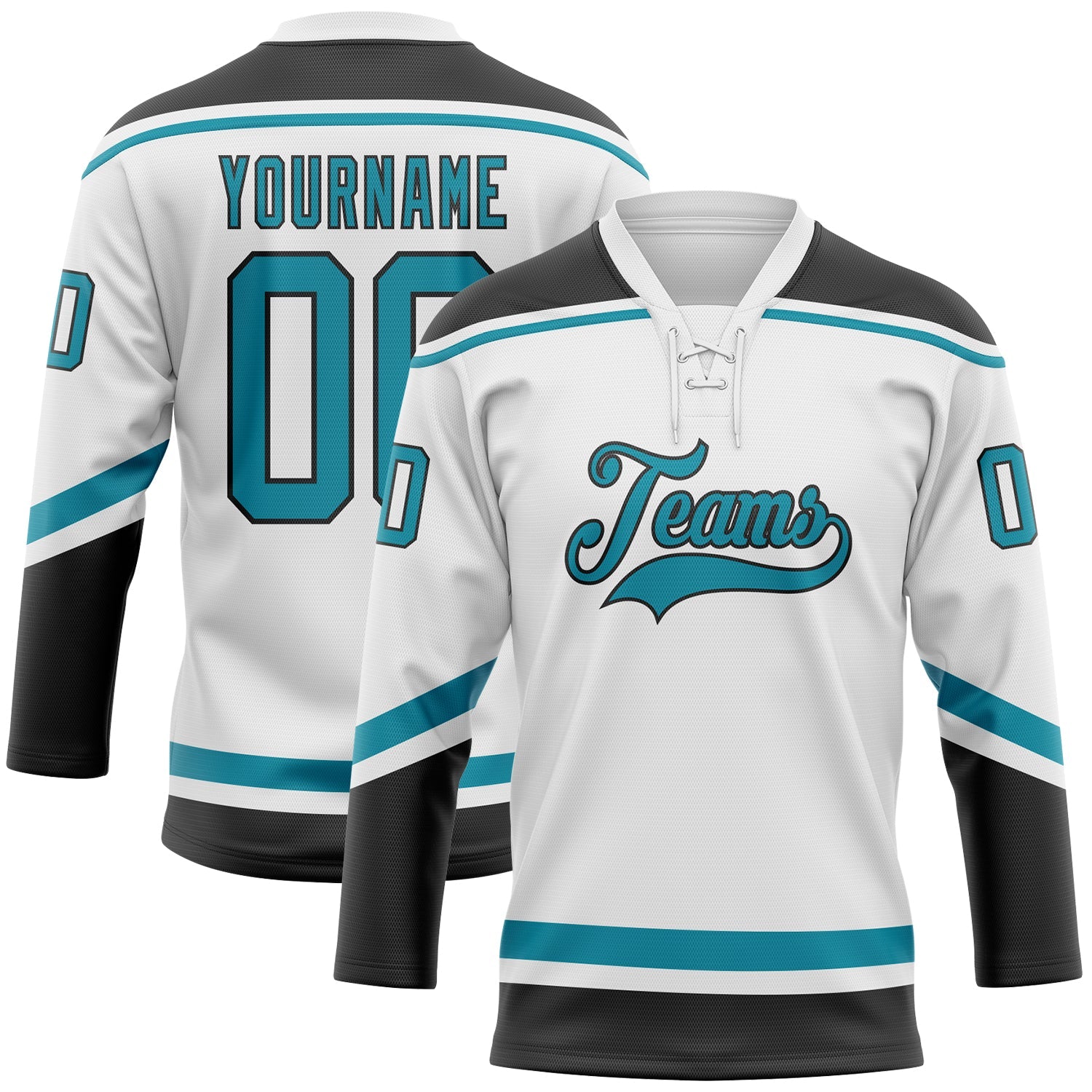 Custom White Teal-Black Hockey Lace Neck Jersey - Main View