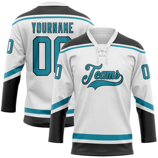 Custom White Teal-Black Hockey Lace Neck Jersey - Main View