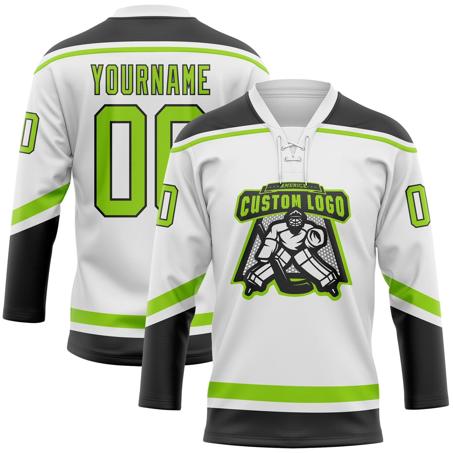 Custom White Neon Green-Black Hockey Lace Neck Jersey view 2