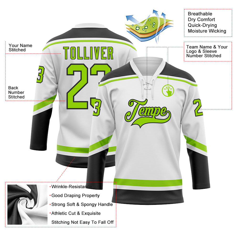 Custom White Neon Green-Black Hockey Lace Neck Jersey view 3