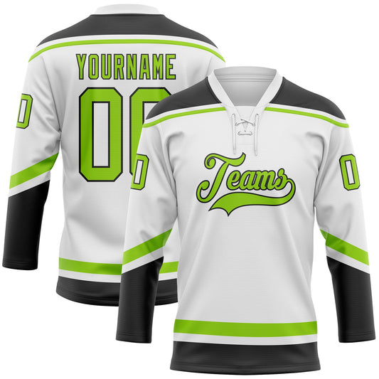 Custom White Neon Green-Black Hockey Lace Neck Jersey - Main View
