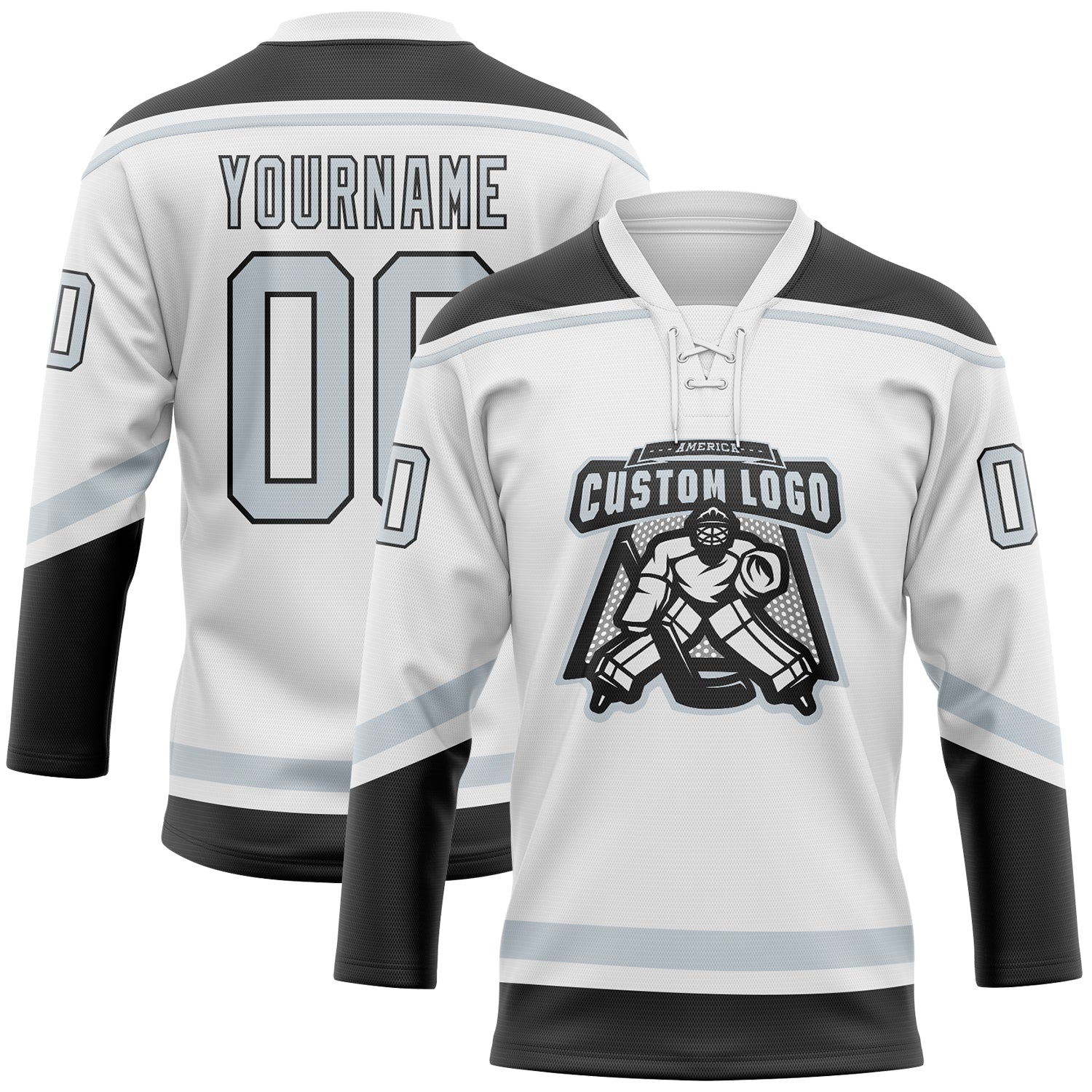 Custom White Silver-Black Hockey Lace Neck Jersey view 2