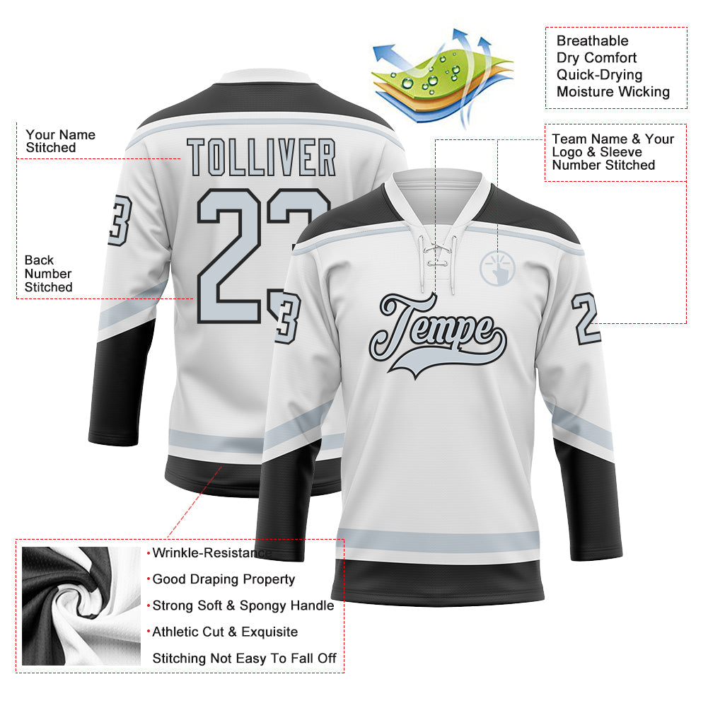 Custom White Silver-Black Hockey Lace Neck Jersey view 3