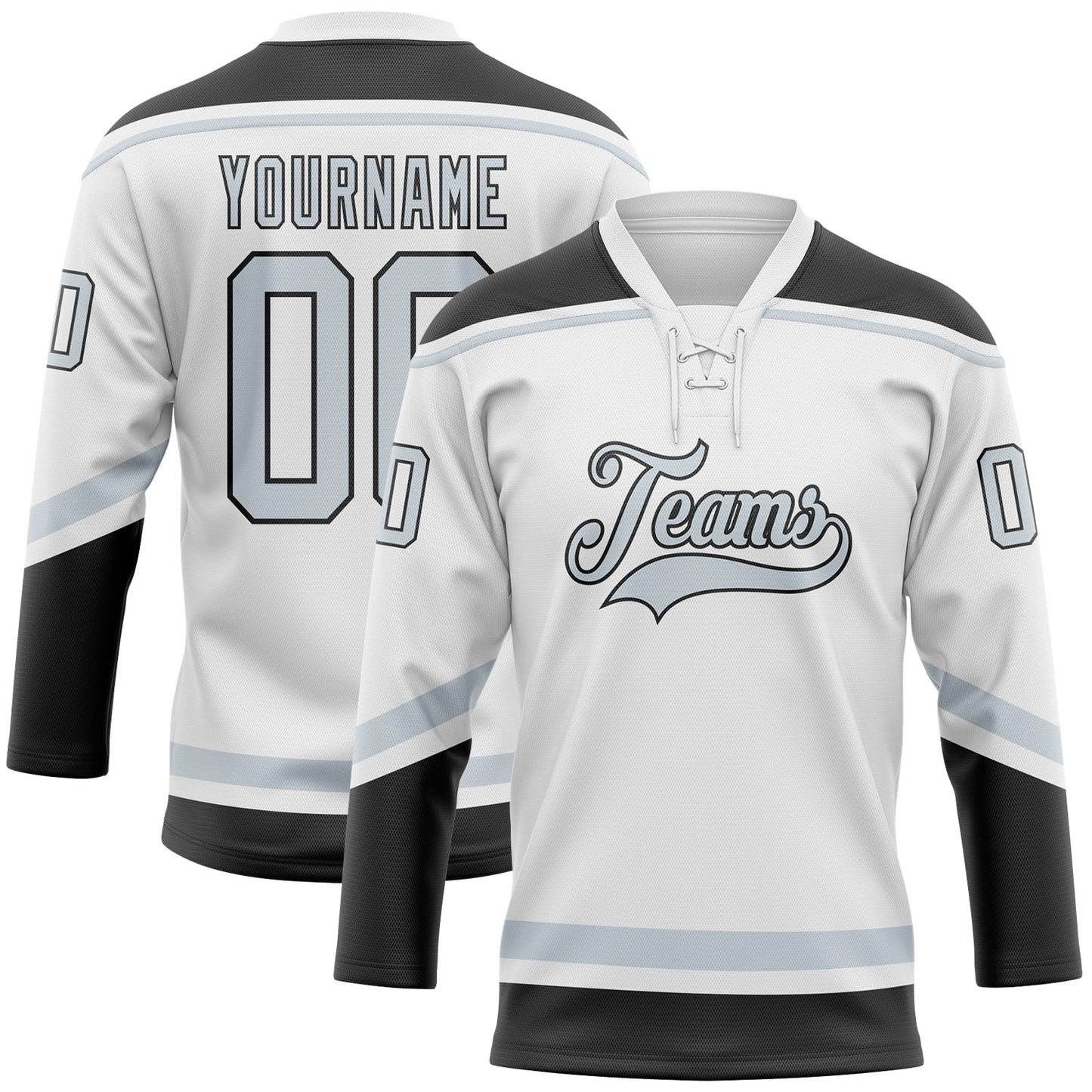 Custom White Silver-Black Hockey Lace Neck Jersey - Main View