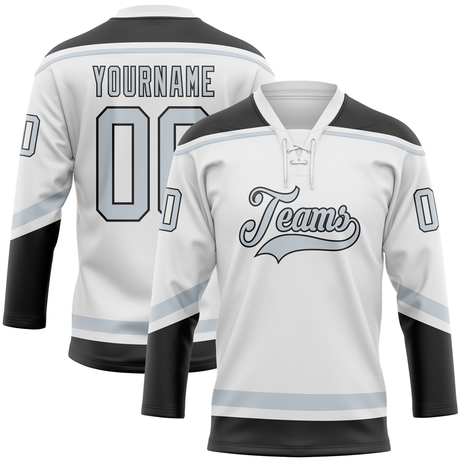 Custom White Silver-Black Hockey Lace Neck Jersey - Main View