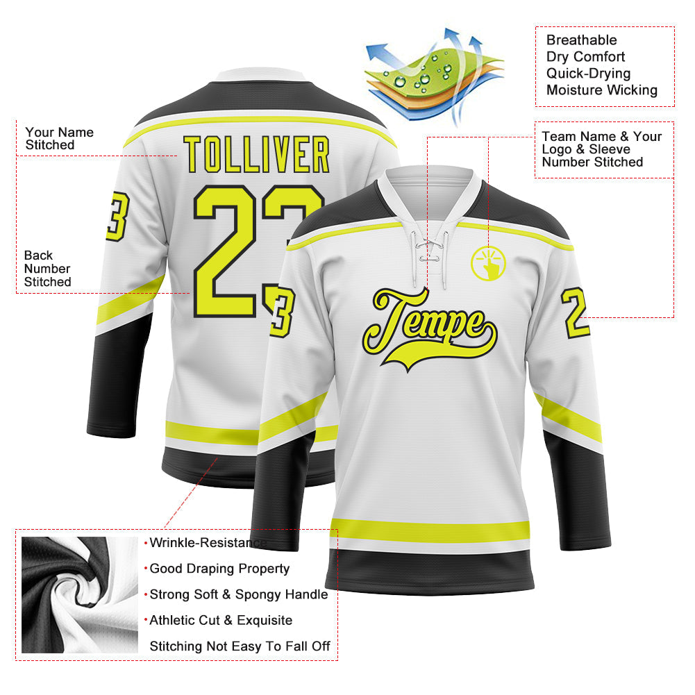 Custom White Neon Yellow-Black Hockey Lace Neck Jersey view 3