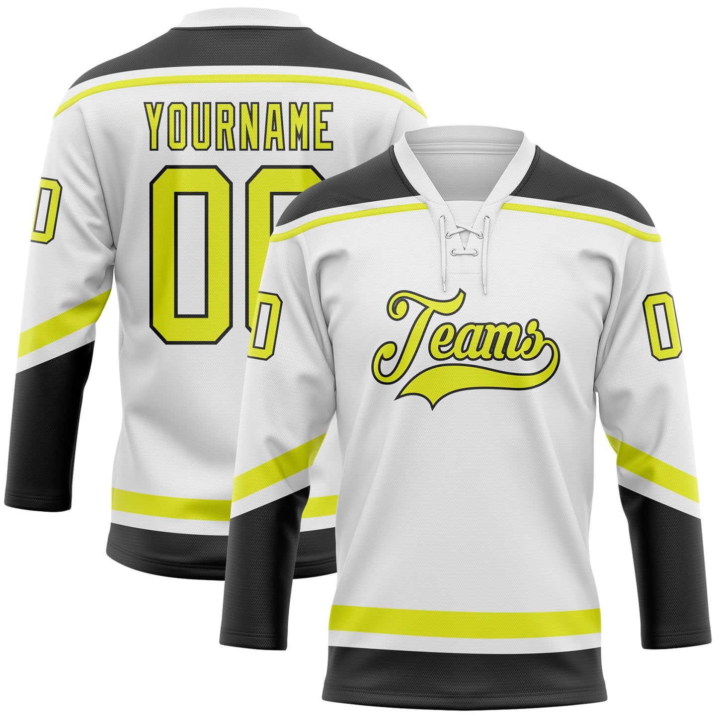 Custom White Neon Yellow-Black Hockey Lace Neck Jersey - Main View