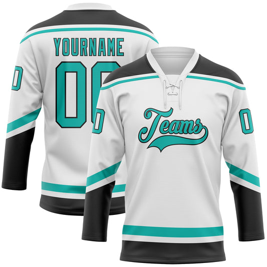 Custom White Aqua-Black Hockey Lace Neck Jersey - Main View