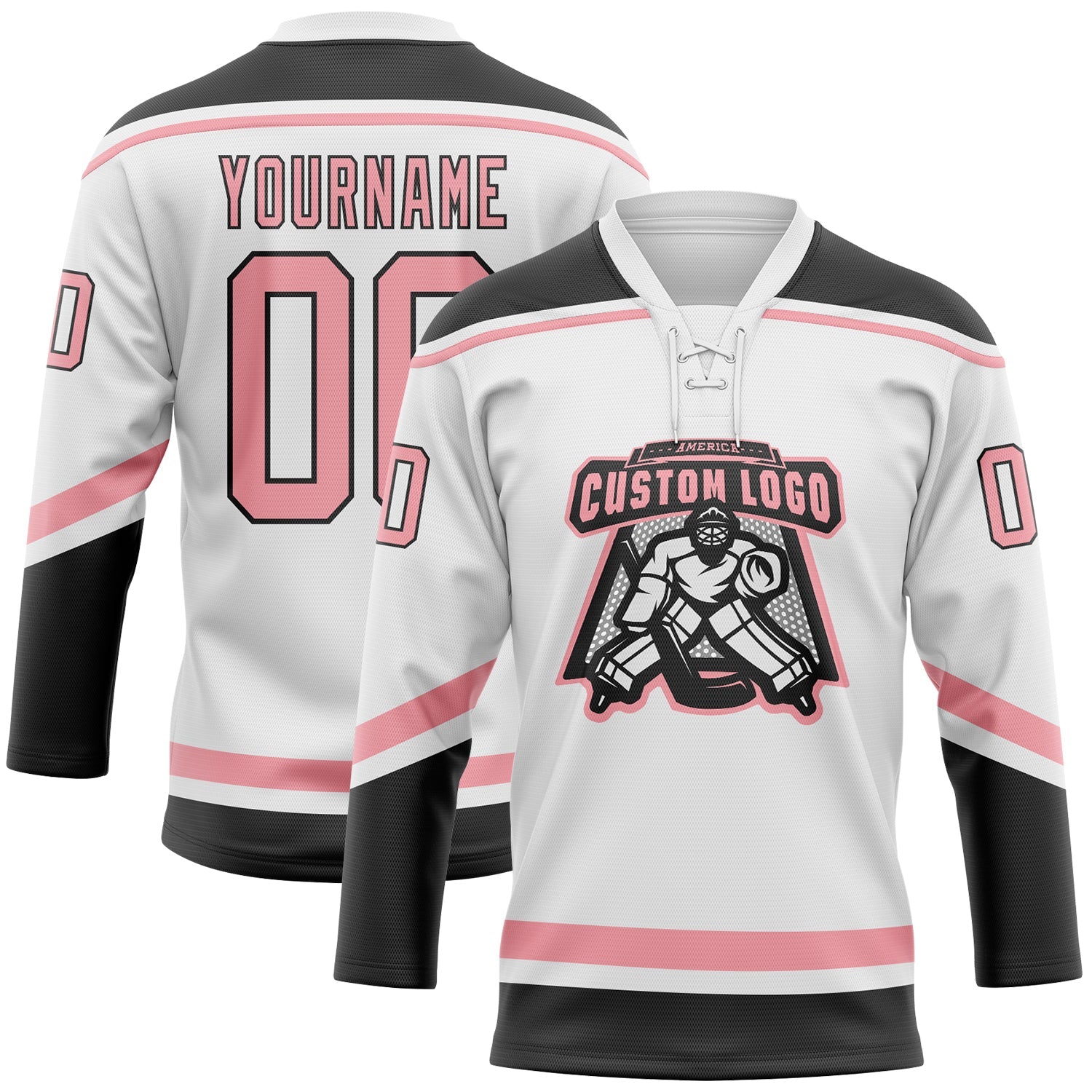 Custom White Medium Pink-Black Hockey Lace Neck Jersey view 2