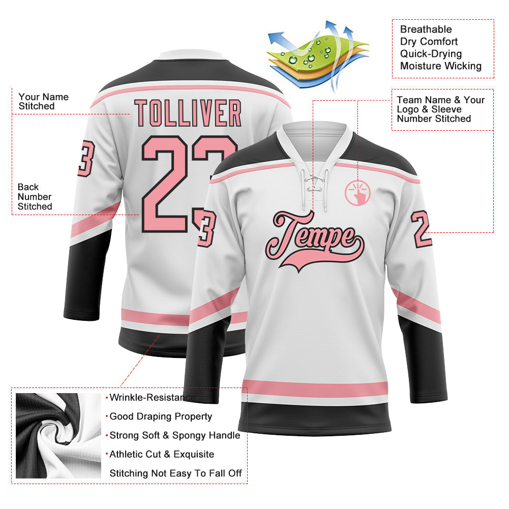 Custom White Medium Pink-Black Hockey Lace Neck Jersey view 3