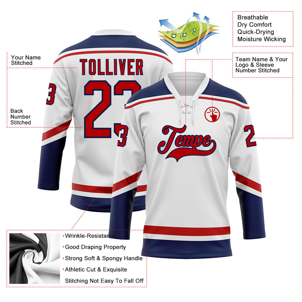 Custom White Red-Navy Hockey Lace Neck Jersey view 3